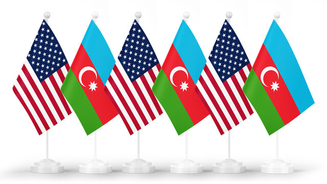 State flags of Azerbaijan and USA, isolated on white background. Concept of official meetings, events and summits on government level.
