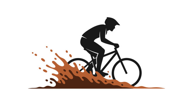 Active person silhouette riding a bicycle through splashing mud and dirt in a dynamic outdoor adventure sport scene representing exhilaration and extreme activity during a trail ride event and