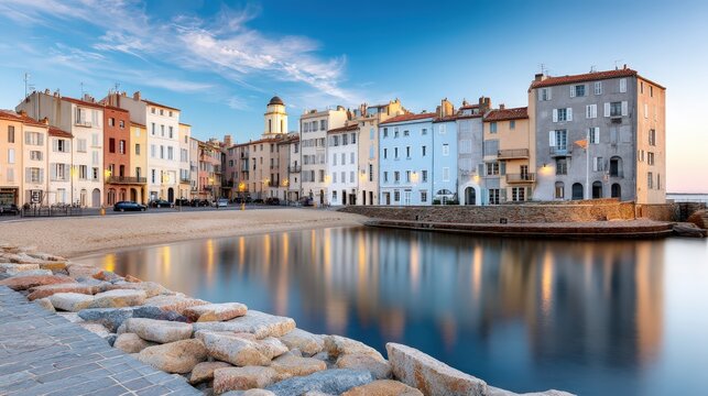Bright sunset shows buildings along the beach with reflections in the sea and clouds filling the sky during a serene evening