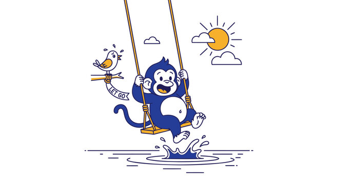 Fun, playful monkey on swing, blue and white illustration, summer fun, vector icon
