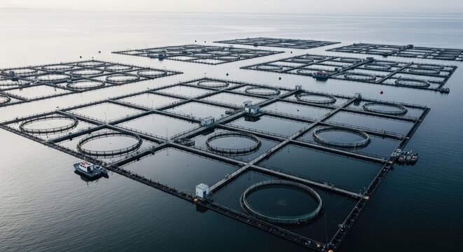 Aerial view of aquaculture farms in ocean water sustainable food production