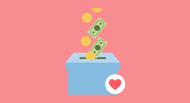 Illustration of money and coins falling into a donation box with a heart icon, symbolizing charity and giving.