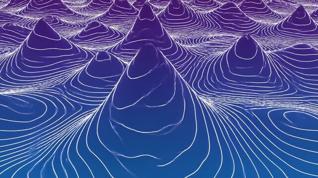 Abstract digital landscape, wireframe topographic mountains flowing in neon blue and purple gradients.