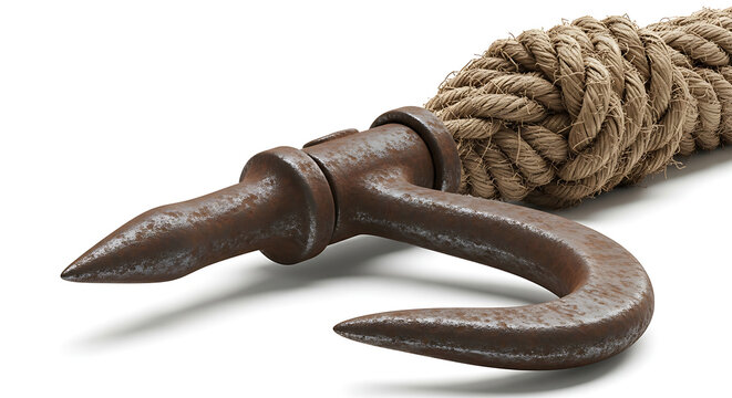 A rusty grappling hook with thick rope isolated on a white background