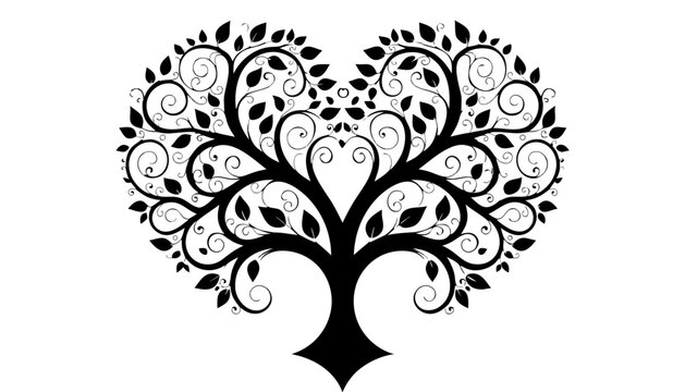 Floral tree silhouette, decorative nature symbol, botanical black vector shape isolated