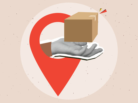 Hand extend a cardboard box from a red location icon. Delivery concept. Modern photo collage style. Vector illustration