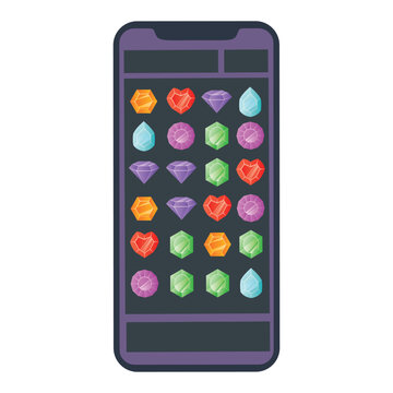 A smartphone with an abstract match-3 game with crystals on the screen. Flat vector illustration on a white background
