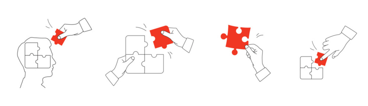 Hands with puzzle pieces - a collection of linear design elements with a red accent.  Vector illustration on a white background