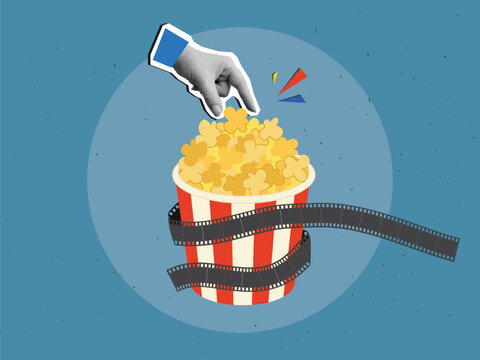 A hand takes a popcorn from a bucket wrapped in film. Modern photo collage style. Vector illustration