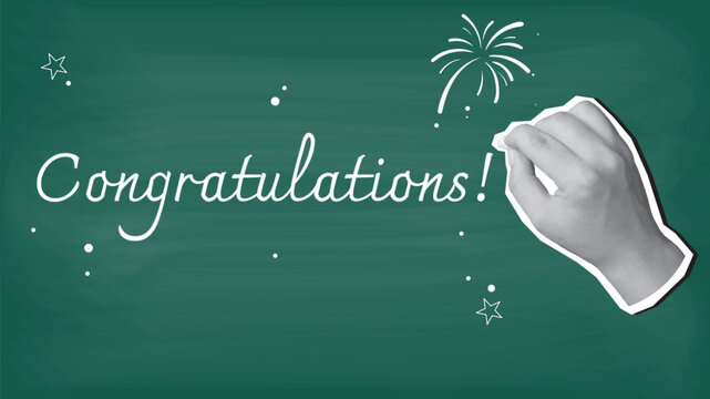 A hand writes a text Congratulations on a blackboard with chalk. Modern collage style. Vector illustration