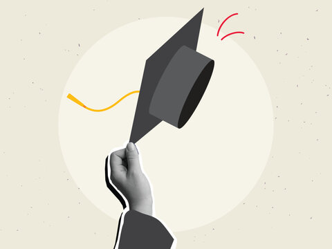 Black and white hands holding college cap. Degree ceremony concept. Modern collage style. Vector illustration