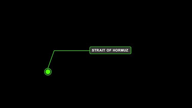 Location marker with hormuz text isolated on dark background. Strait of hormuz blockade location pin icon animation.