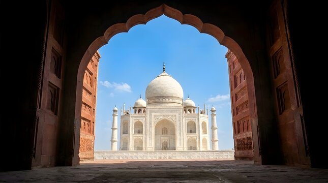 Majestic white marble Taj Mahal mausoleum framed by arched gate in Agra
