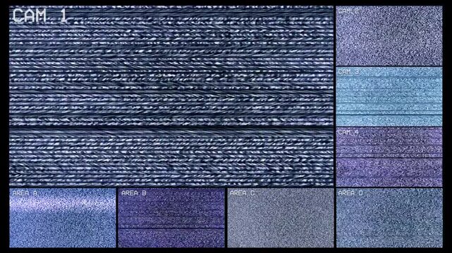 Video surveillance system screen with non-working cameras. Eight cameras with no signal and interference in the CCTV system