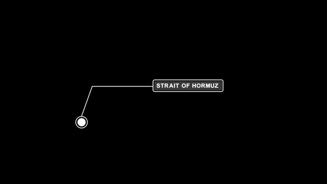 Location marker with hormuz text isolated on dark background. Strait of hormuz blockade location pin icon animation.