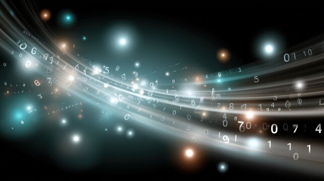 Digital binary code flows on a dark background with glowing elements creating a technology-themed design for various uses