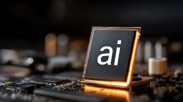 A close view shows an ai chip with glowing letters on top, surrounded by detailed circuitry and bright lights against a dark background