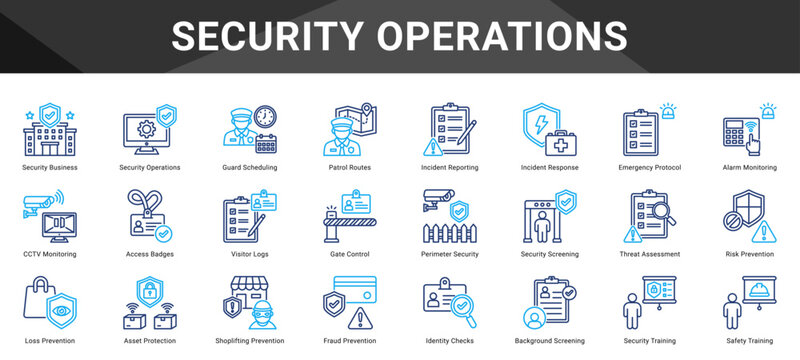 SECURITY OPERATIONS  Icon set collection. Vector icon pack featuring thematic icons for your presentations or business.