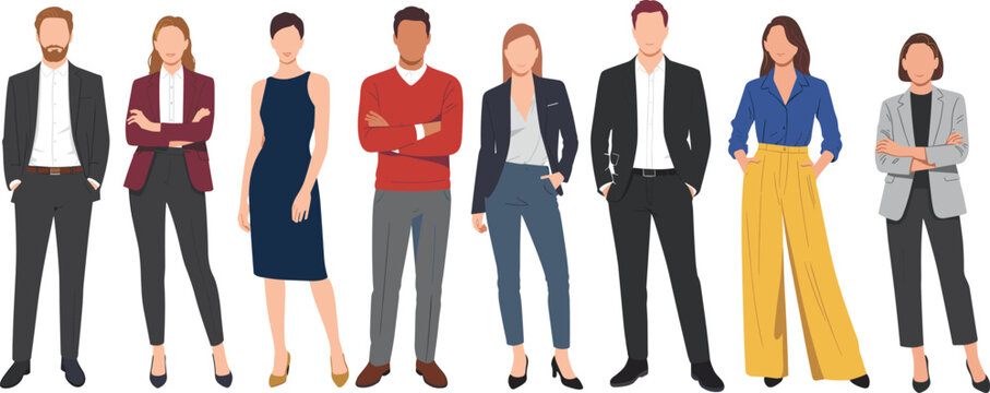 Flat vector illustration set of diverse professional business people and office employees standing in formal and smart casual attire