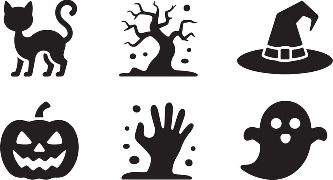 Set of black halloween icons with cat tree witch hat pumpkin zombie hand and ghost