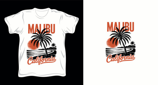 Malibu California beach t shirt design with palm trees and sunset.