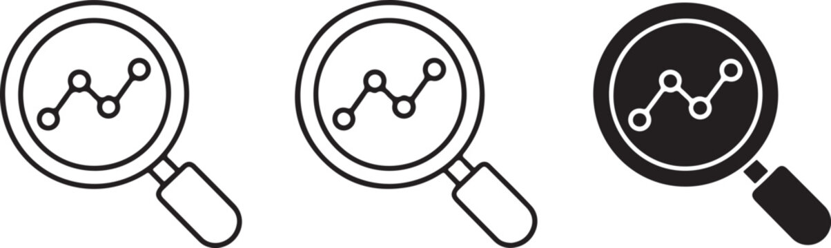 Set of three magnifying glass icons with graph charts for business data analysis and search