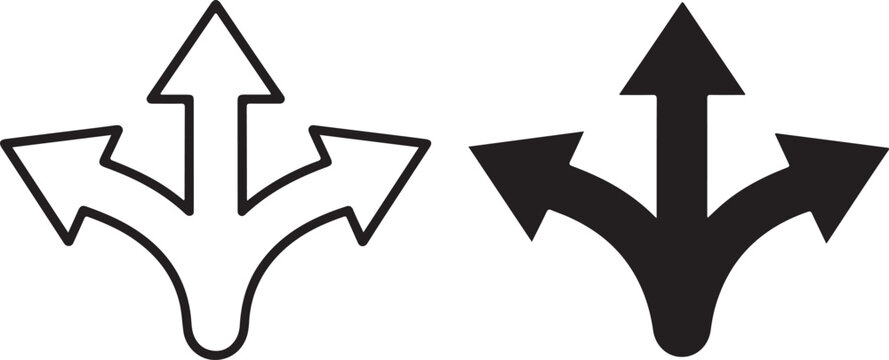 Three way split arrow icon set in black and white outline and solid style