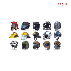 Fototapeta premium Collection of diverse helmets for various activities and professions.