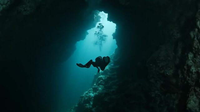 Scuba diver explores mysterious underwater cave with sunbeams piercing the darkness.