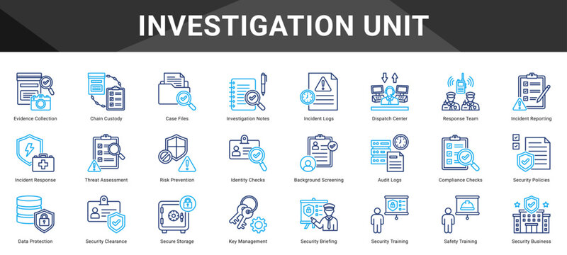 INVESTIGATION UNIT  Icon set collection. Vector icon pack featuring thematic icons for your presentations or business.