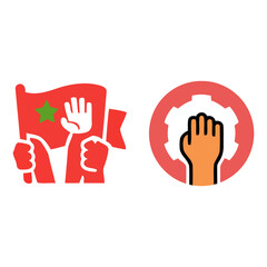 Obraz premium Labor movement and union solidarity icon set, colorful flat vector silhouettes of raised fist with gear and protest flag for workers rights and advocacy