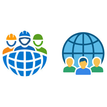 Global workforce and international business team icon set, colorful flat vector silhouettes of workers with world globe for global logistics and worldwide employment concept