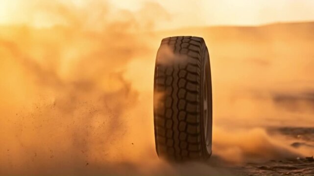 Off road vehicle tire spinning and kicking up thick desert dust in slow motion during a golden hour sunset capturing intense traction and rugged automotive performance