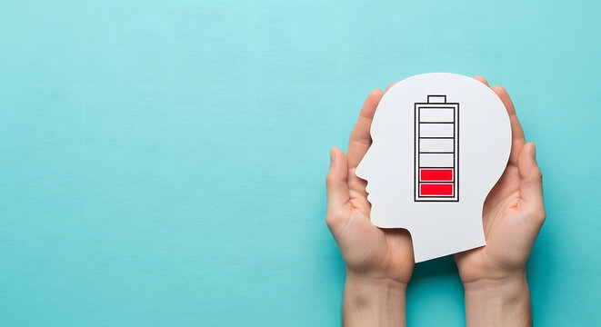 Mental exhaustion and burnout concept | Low mental energy levels illustration | Psychological support for emotional fatigue | Human head profile with empty battery icon