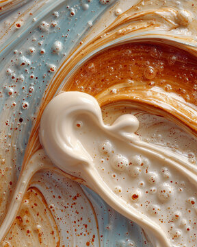 Captivating blend of beige serum swirling in a colorful tableau of textures