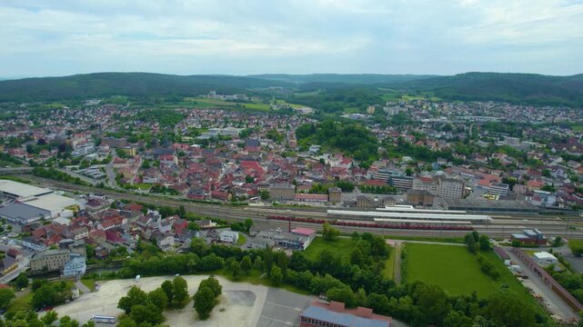 An panoramic aerial view from the old town city Lichtenfels in Germany on a sunny spring noon.