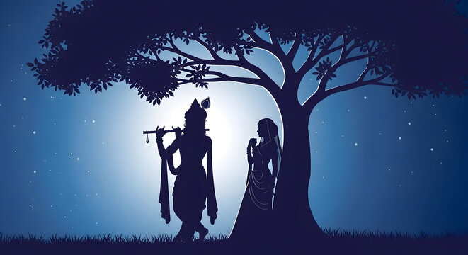 Silhouette of Radha and Krishna standing under a tree at night