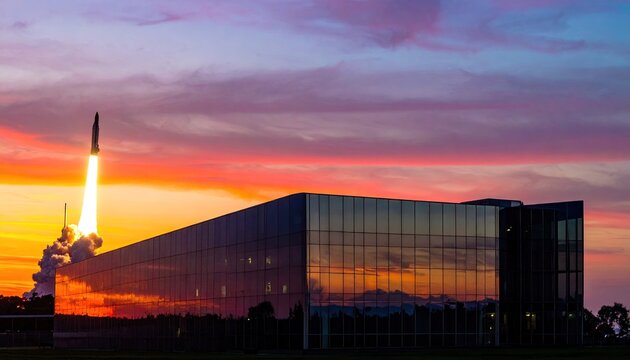 Rocket launching from launchpad with building silhouetted at sunset