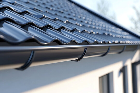 Modern rain gutter system on house roof in exterior close up