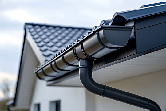Close-up of a seamless aluminum gutter fixed along a modern roof edge. Home drainage and exterior construction concept.