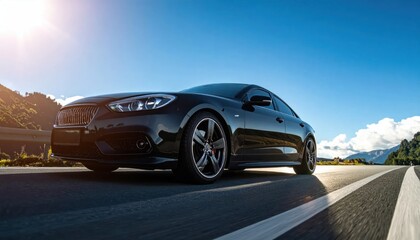 Fototapeta premium Sleek Black Luxury Sedan Driving on Scenic Highway Under Bright Sunny Sky.