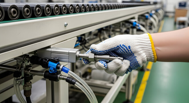 Industrial automation maintenance worker| Factory assembly line conveyor system| Pneumatic cylinder adjustment in manufacturing |Technical repair of automated production machinery