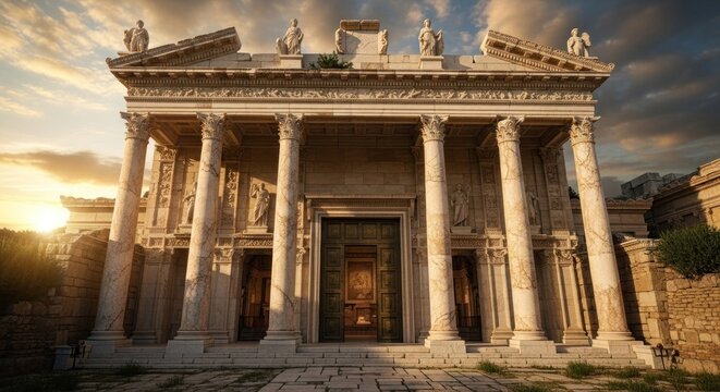 Ancient temple with columns and statues under a dramatic cloudy sky