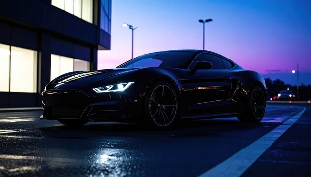 Sleek Black Sports Car Illuminated by City Lights at Dusk.