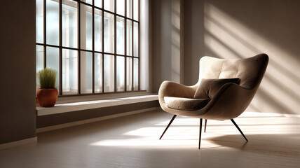 Fototapeta premium Minimalist living room showcasing a designer chair in soft natural light