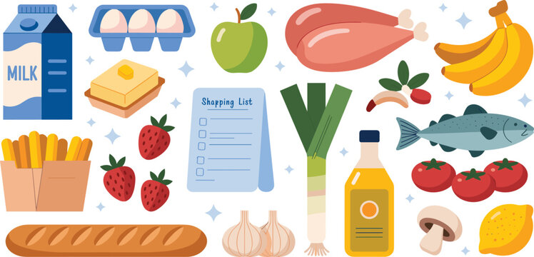 Grocery shopping and healthy food vector set featuring milk eggs chicken meat fish vegetables fruits bread and shopping list