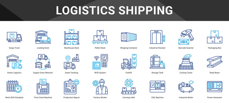 LOGISTICS SHIPPING  Icon set collection. Vector icon pack featuring thematic icons for your presentations or business.