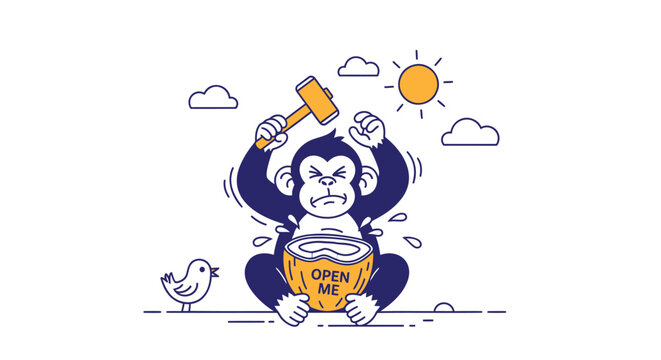 Monkey, hammer, stressed, illustration, icon, cartoon, emoticon, vector