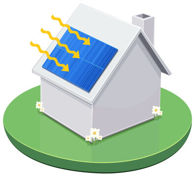 3D isometric house on a green lawn with solar panels on the roof receiving sun rays, representing renewable energy, eco-friendly housing and sustainability (cut out)