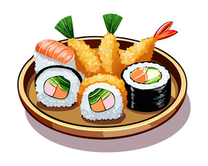 Premium sushi platter with assorted maki rolls and golden fried tempura prawns for authentic asian dining experience - Vector Illustration © powdesign